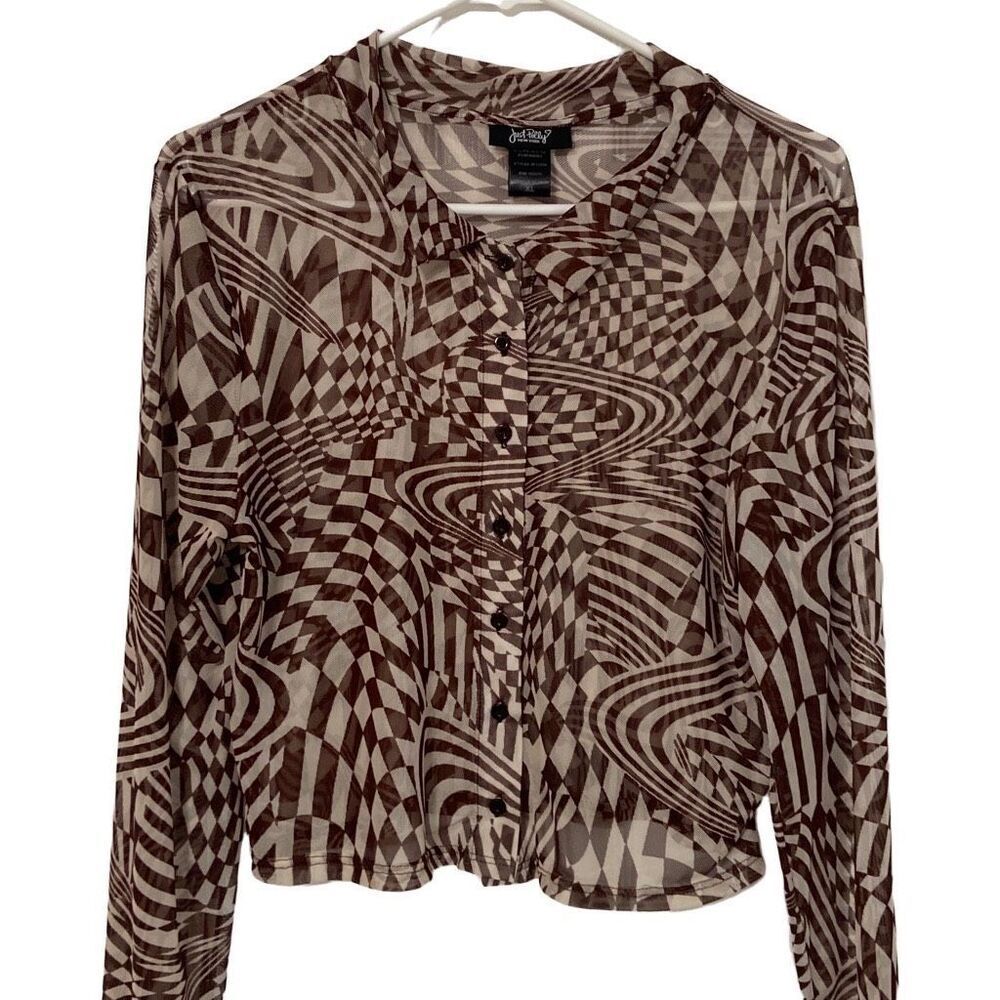 Just Polly Brown White Geometric Patterned Sheer Long Sleeve Crop Top Size XL